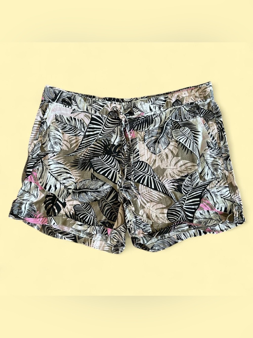 Per Se Tropical Leaf Linen Blend  Drawstring Shorts — Black, Olive & Pink